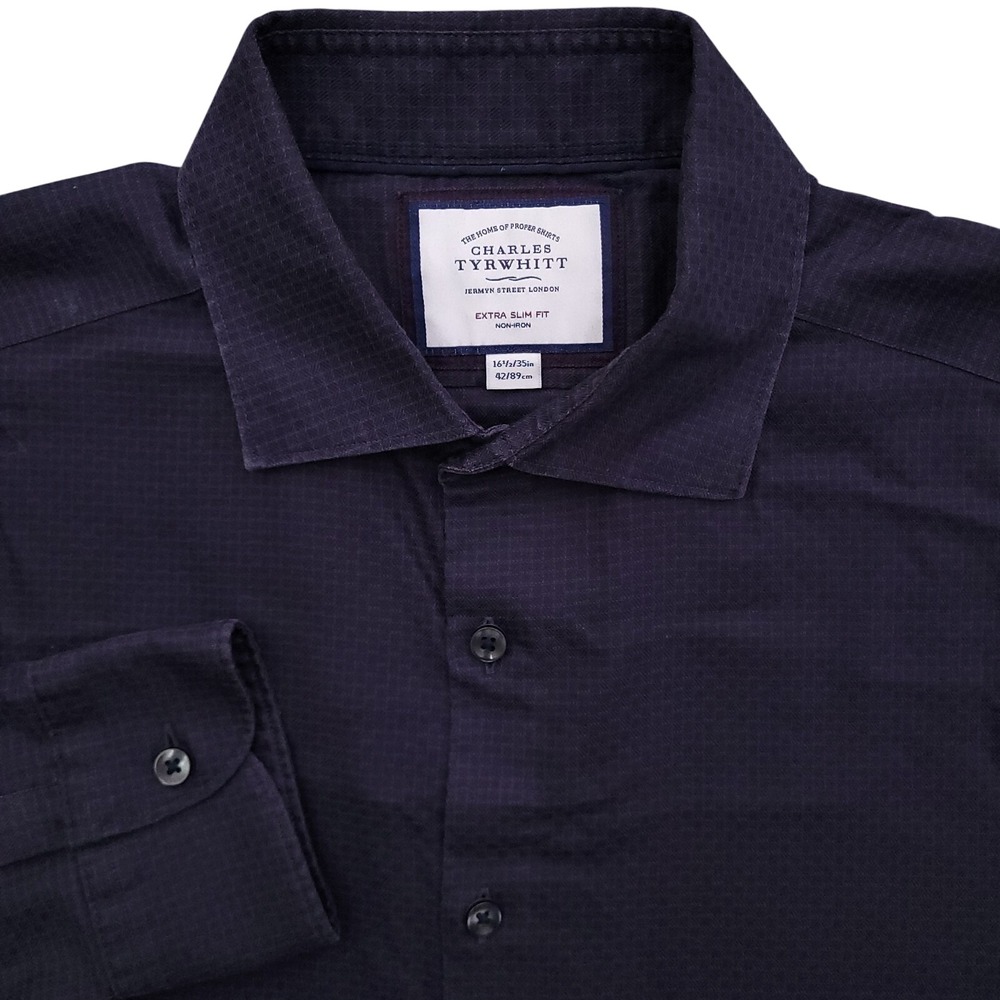 Charles Tyrwhitt Dress Shirt Men 16.5 35 Extra Slim Fit Non Iron Dark Blue Check